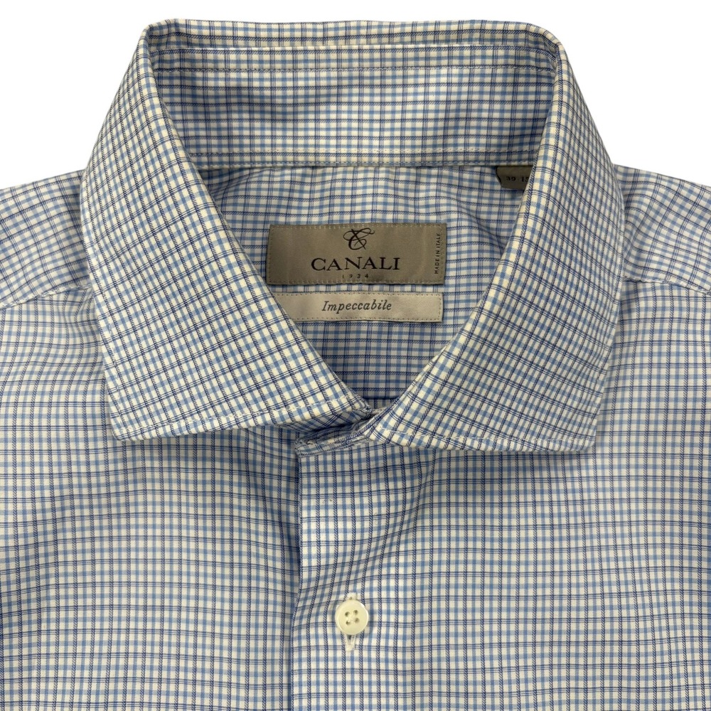 Canali Impeccabile Dress Shirt Mens 15.5 Blue Micro Check Long Sleeve Italy